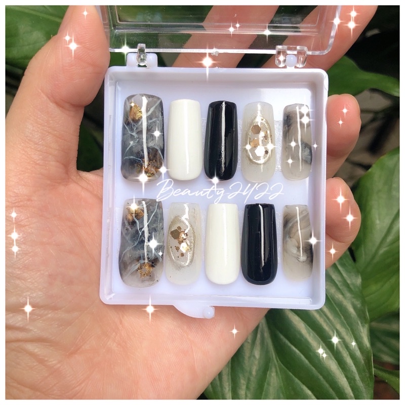 Nail box- Móng thiết kế tặng kèm dũa và keo dán mini- Mẫu Black Stone