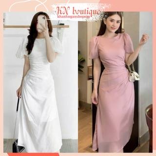 Đầm dạ hội cao cấp thiết kế tay phồng nhún eo, váy đi ăn cưới trắng hồng sang trọng K N Boutique