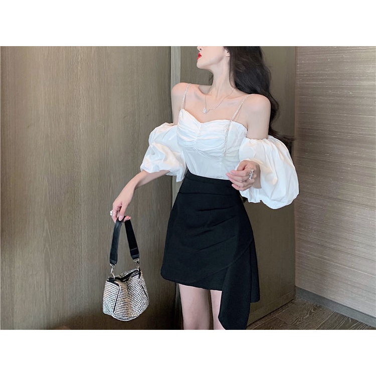 Bộ Áo Trễ Vai Tay Phồng + Chân Váy Chữ A Lệch Tà Thời Trang 2022