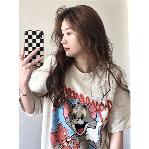 Áo Thun Ngắn Tay Cổ Tròn Dáng Rộng In Họa Tiết Hoạt Hình Kiểu retro Mỹ Cho Nữ