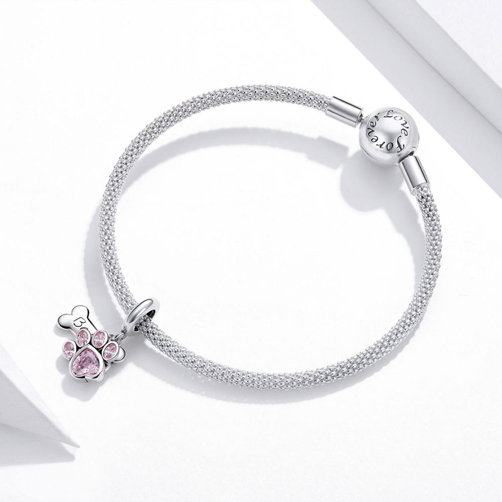 Mặt Vòng Tay Bamoer Bạc Thật 925 Hình Bàn Chân Chó Màu Hồng Xinh Xắn Làm Vòng DIY