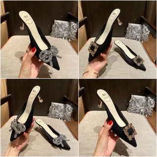 Guốc nữ cao gót mũi nhọn khuy đính đá gót 5cm hàng qccc full box