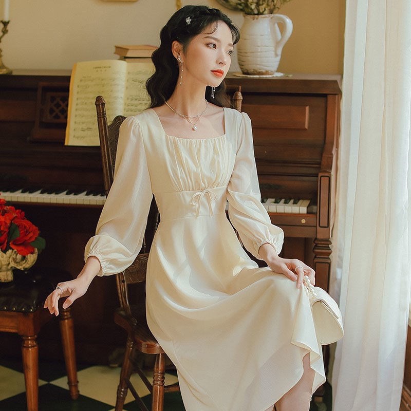 Váy Cổ Vuông, Váy vani Tay Bồng, Đầm nhún ngực dáng suông,  nhẹ nhàng đơn giản style Hàn Quốc