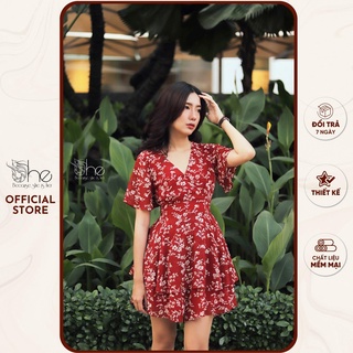 Jumpsuit nữ đi biển dáng xoè She, Váy hoa nhí xanh dương thiết kế đi biển thời trang SJX02