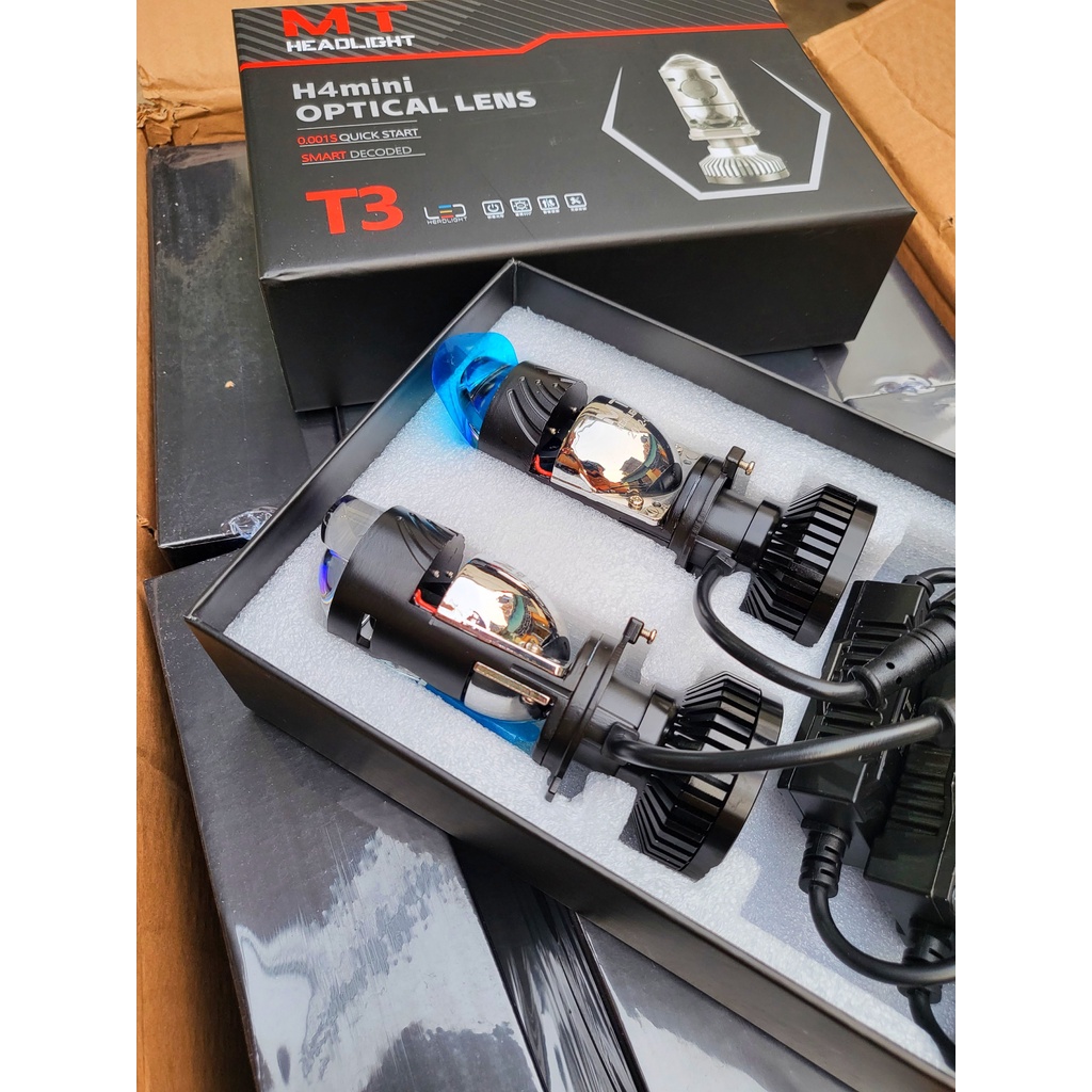 Đèn Pha LED Bi Cầu Mini H4 T3 Kính Tím  Lắp Ô tô, Xe Máy