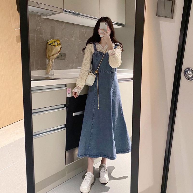 [Order] Váy yếm jean chữ A dáng dài vintage co giãn nhẹ buộc dây eo tạo hiệu ứng thon gọn ulzzang style