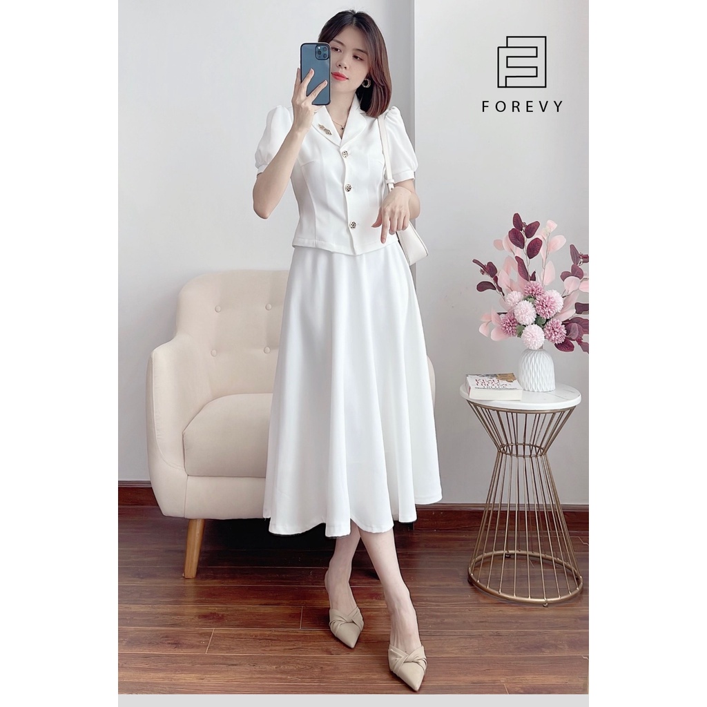 Set đầm công sở FOREVY trắng ngắn tay cổ ve cao cấp