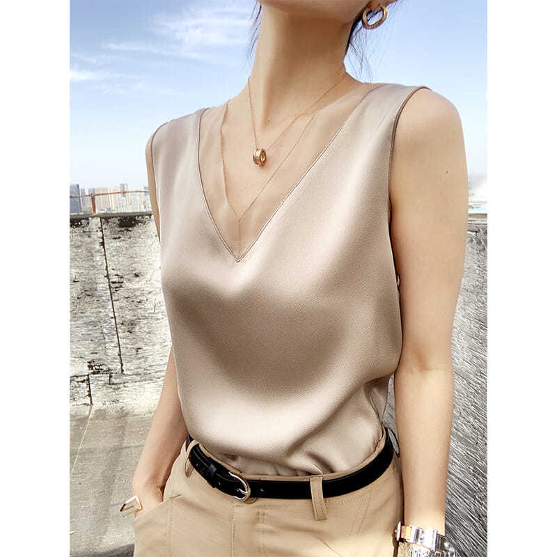Sexy V-neck vest Satin Vest women's sleeveless loose sling spring and autumn suit with oversized top