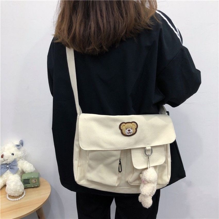 Túi đeo chéo vải canvas thêu gấu lati, túi vải tote đi học đi chơi cao cấp Hàn Quốc