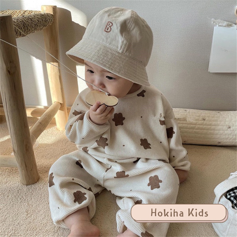 Bộ dài tay hình gấu cho bé trai bé gái Hokiha, chất cotton tổ ong siêu xinh cho bé mặc mùa thu đông