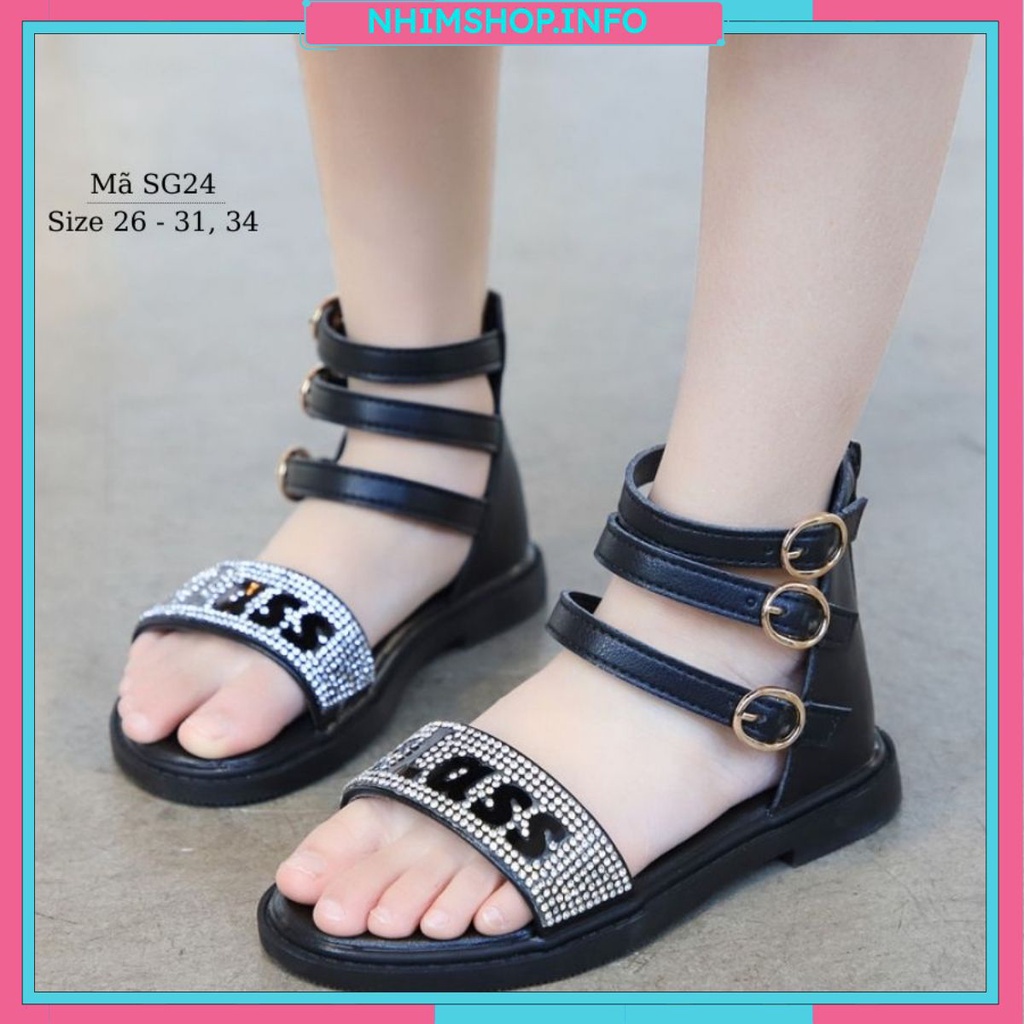 Sandal bé gái cổ cao chiến binh quai ngang đính đá khóa kéo phong cách Hàn Quốc cho bé 3 - 8 tuổi đi học, biểu diễn SG24