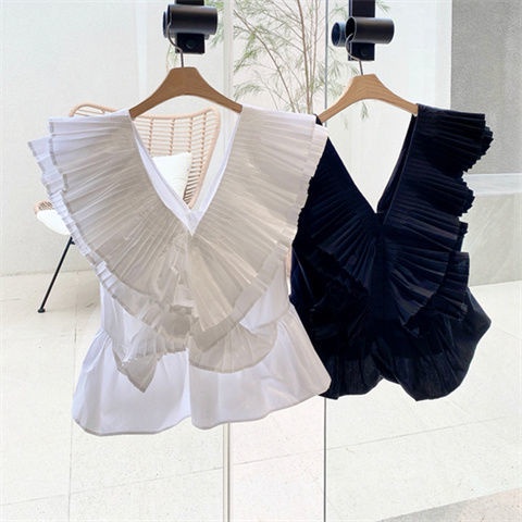 Áo Sơ Mi Cotton Xếp Ly Cổ Chữ V Tay Cánh Tiên Phong Cách Hàn Quốc Thời Trang Mùa Hè Mới Cho Bé Gái