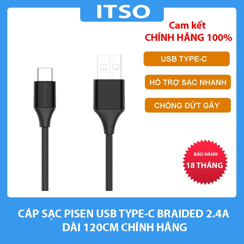 Cáp sạc nhanh Pisen cổng USB Type-C Braided cao cấp - Hàng chính hãng bảo hành 18 tháng