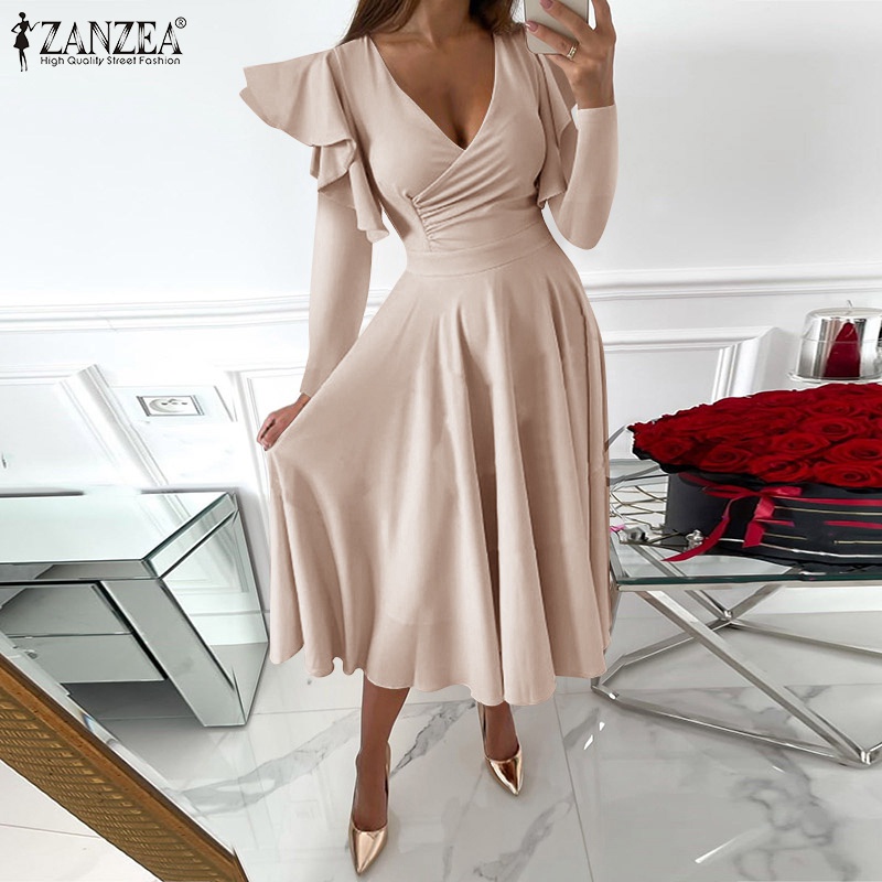 Đầm Zanzea tay dài cổ chữ V eo cao thời trang xinh xắn cho nữ