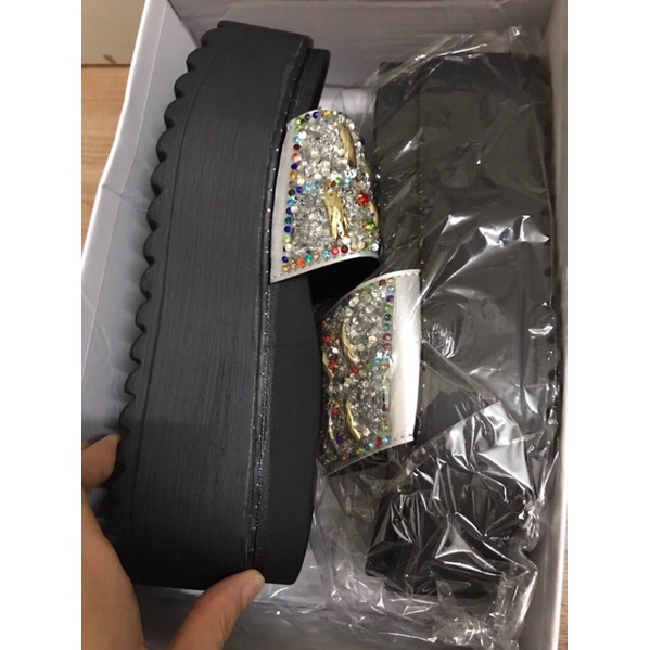 Dép Nữ Đế Xuồng Cao Gót Quai Ngang Đính Đá Cườm Cao 7Cm