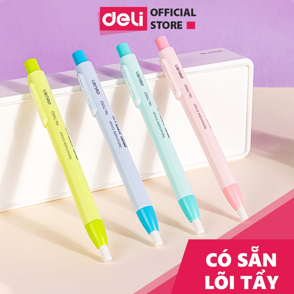 Tẩy bút chì dạng bấm Deli 71052 - nhiều màu - có lõi thay thế 71074 - vpp Diệp Lạc