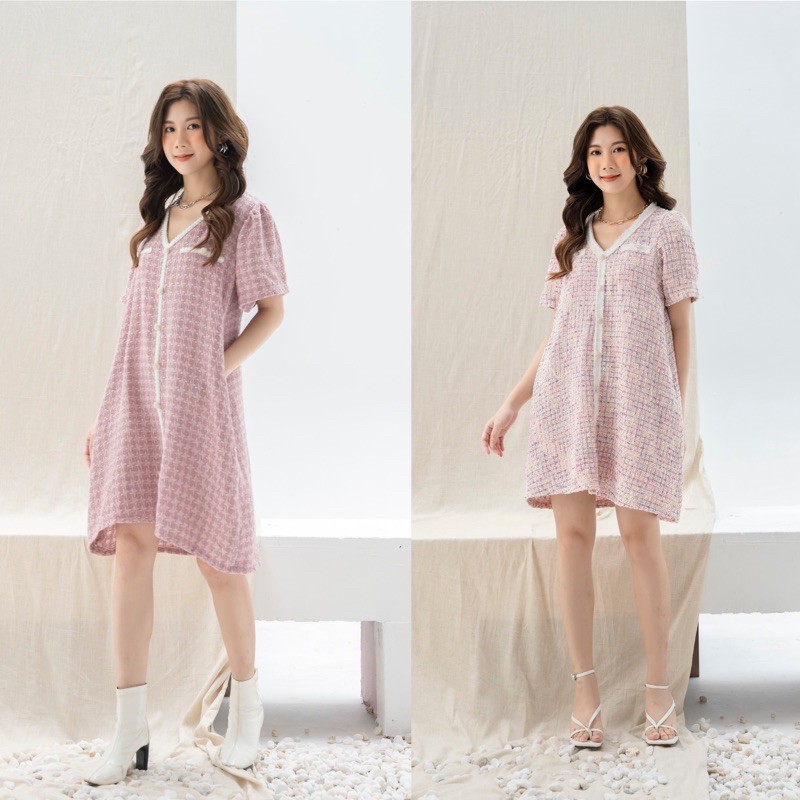 Đầm dạ tweed cổ tim
