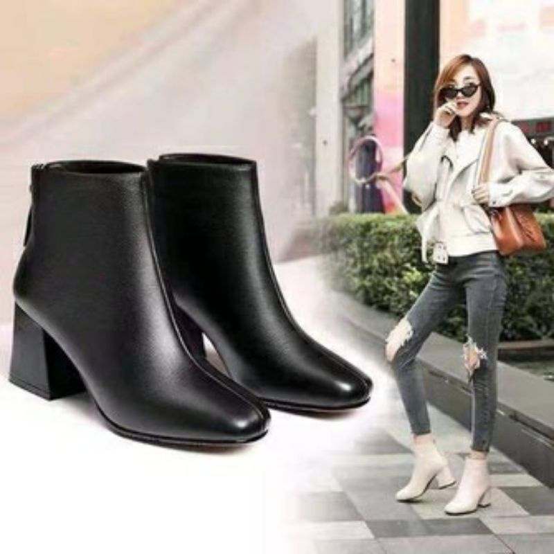 giày bốt cổ thấp 🧡 boot nữ gót vuông dễ phối đồ hàng chuẩn QC