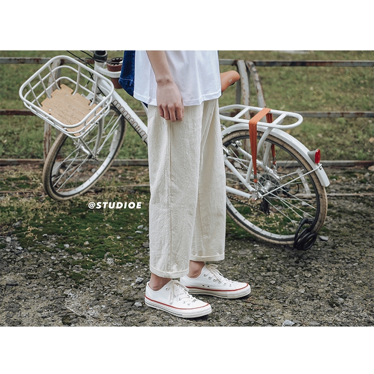 Quần ống suông lưng thun co giãn màu trơn bằng chất liệu vải lanh phong cách Hàn Quốc thời trang cho nam