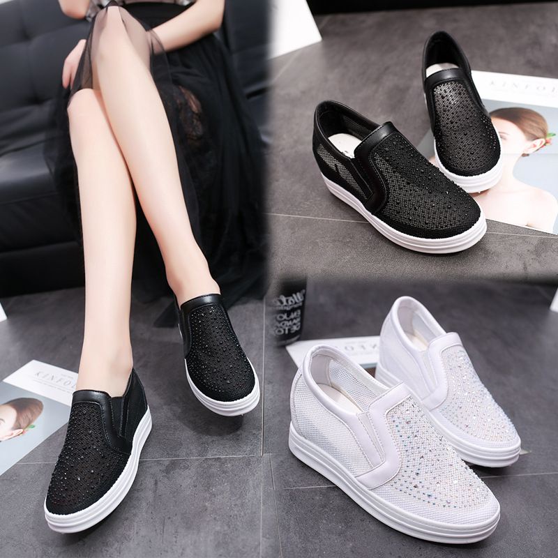 [Có sẵn] Giày slip on đế độn phối lưới nạm hột