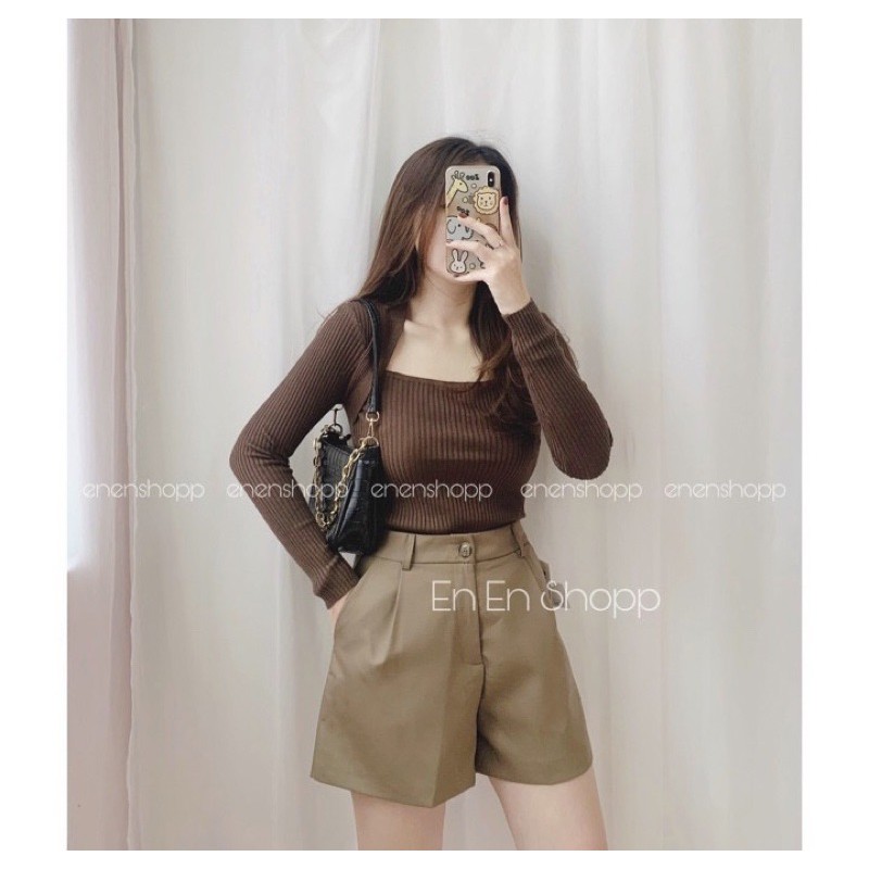 Áo len tăm cổ vuông tôn vòng 1, Áo kiểu sexxy dài tay cổ U vải len co giãn AL1556 - NhiNhiShop