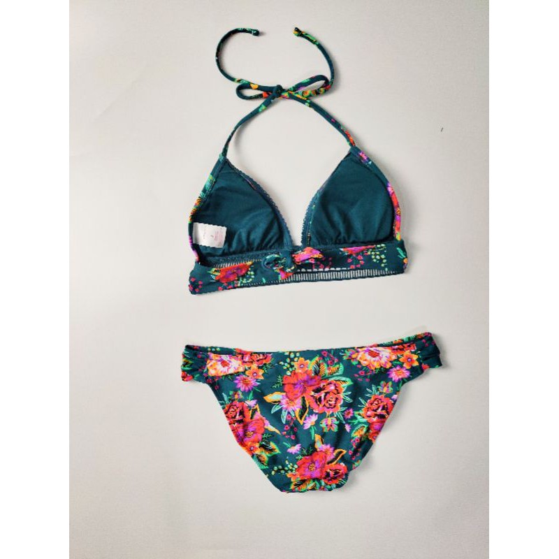 Bikini hai mảnh nữ đi biển đẹp xuất khẩu hoa xanh 3D ren chống nắng SPF50+ XHIS01 AMGOBET