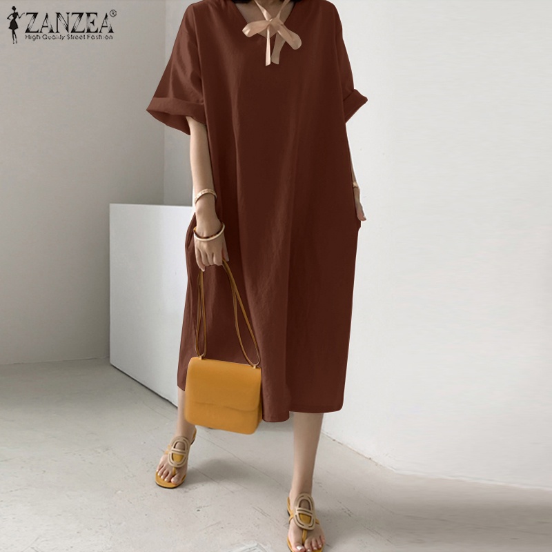 Đầm midi ZANZEA tay ngắn cổ chữ V phong cách Hàn Quốc cho nữ