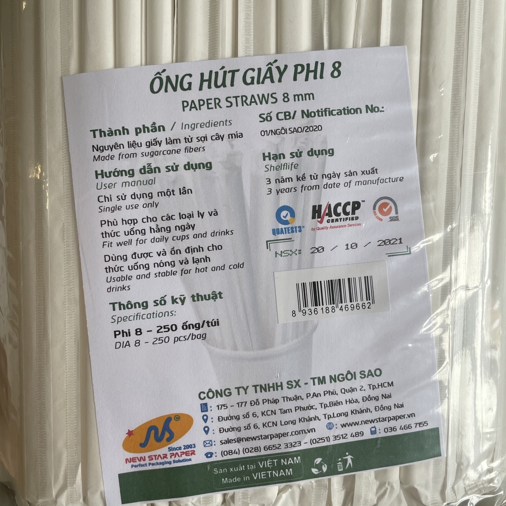 Phi 8 - Túi 250 ống hút giấy làm từ sợi mía có bao gói