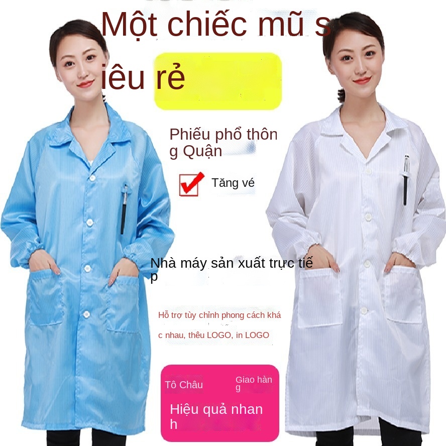Quần áo tĩnh có mũ trùm đầu, chống điện, bảo hộ, không bám bụi, khoác sọc xanh trắng, bụiN