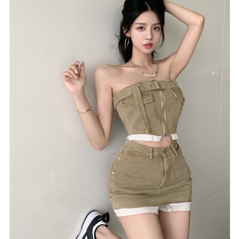 Set Áo Ống Denim + Chân Váy Lưng Cao Thiết Kế Quyến Rũ Thời Trang Mùa Hè