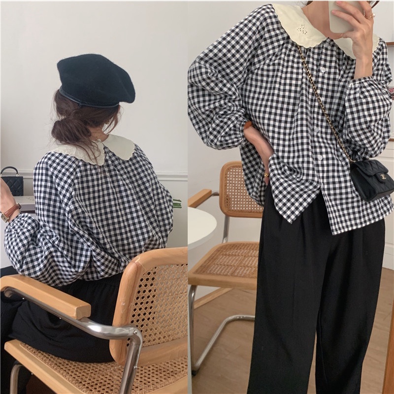 Áo Sơ Mi Tay Dài Cổ Ren Thêu Họa Tiết Dễ Thương 57370