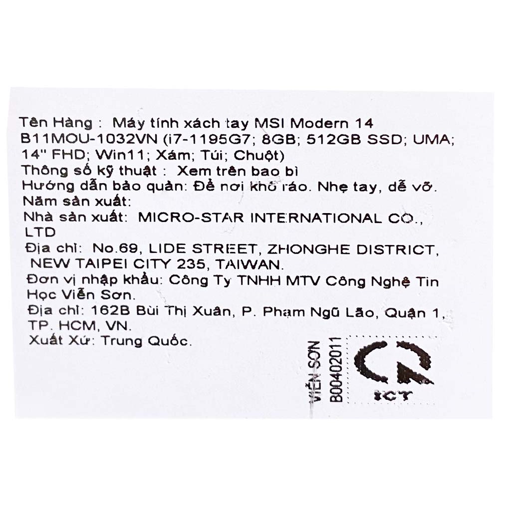 Laptop MSI Modern 14 B11MOU i7 1195G7/8GB/512GB/Túi/Chuột/Win11  - Hàng chính hãng