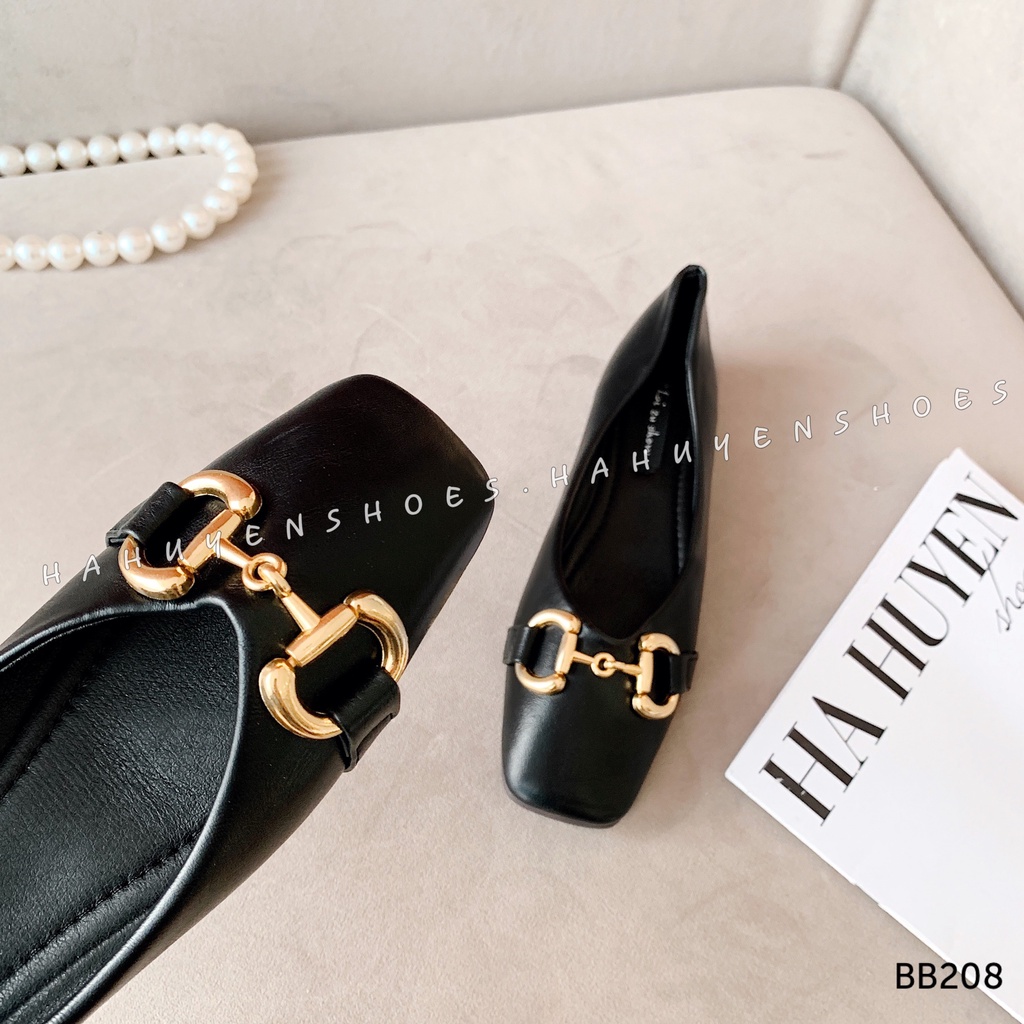 Giày búp bê nữ Hà Huyền Shoes mũi vuông phối khóa xích vàng sang trọng - BB208