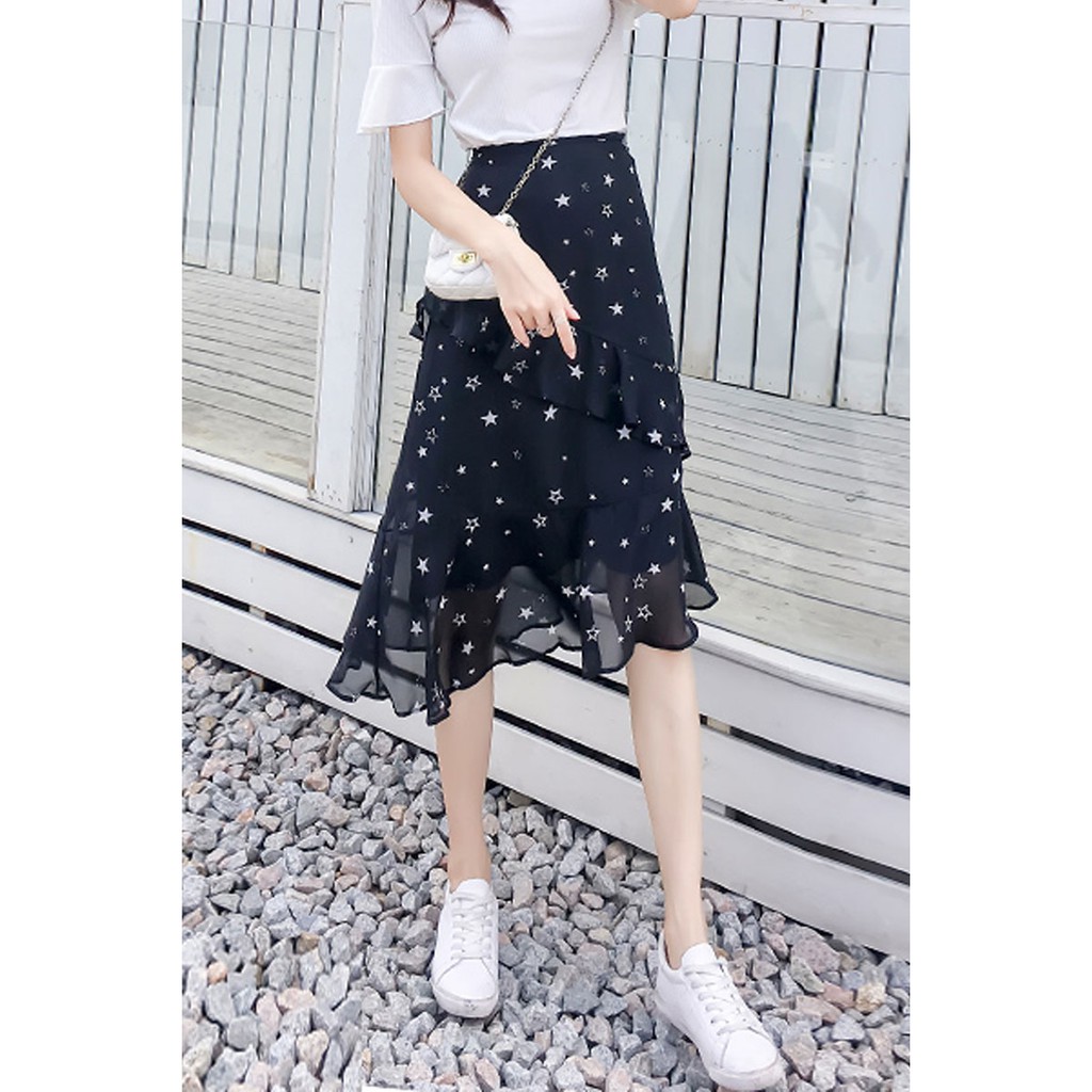 Sẵn hàng Chân váy voan hình sao Ulzzang vạt chéo - kèm ảnh thật - LÊN ĐỒ
