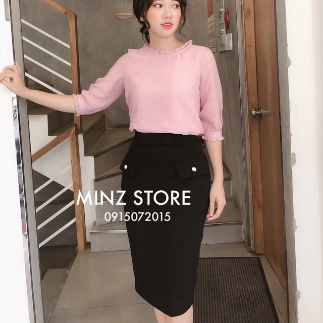 Chân váy công sở dáng suông dài qua gối sang chảnh