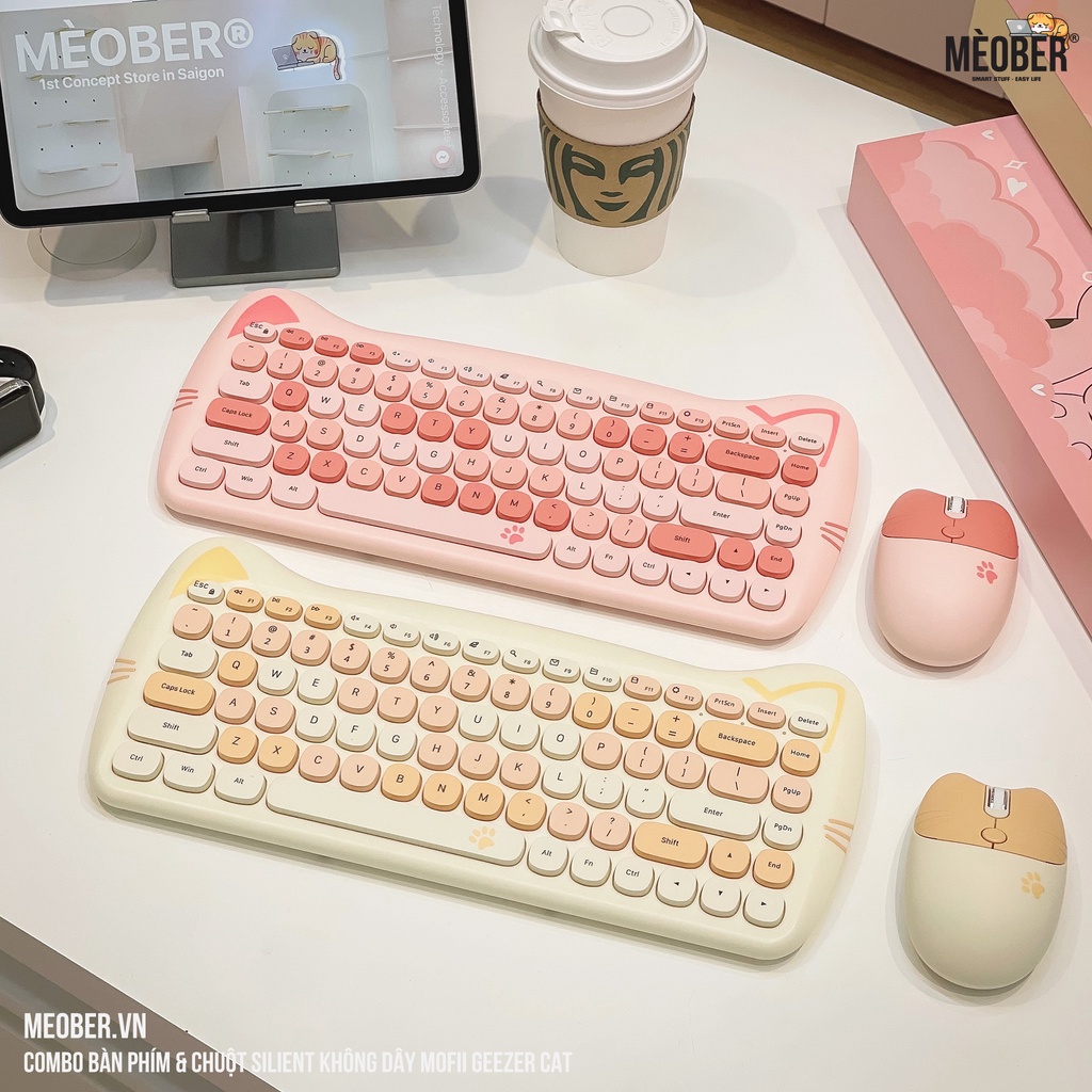 [TẶNG LÓT CHUỘT] Bộ bàn phím không dây & chuột Silent MOFii Geezer Cute Cat dành cho Laptop, i pad, PC v.v