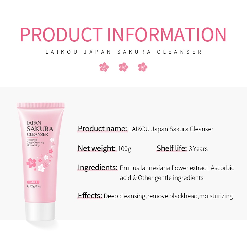 Sữa rửa mặt Laikou Japan Sakura làm sạch sâu loại bỏ mụn đầu đen bụi bẩn chăm sóc da mặt 100g