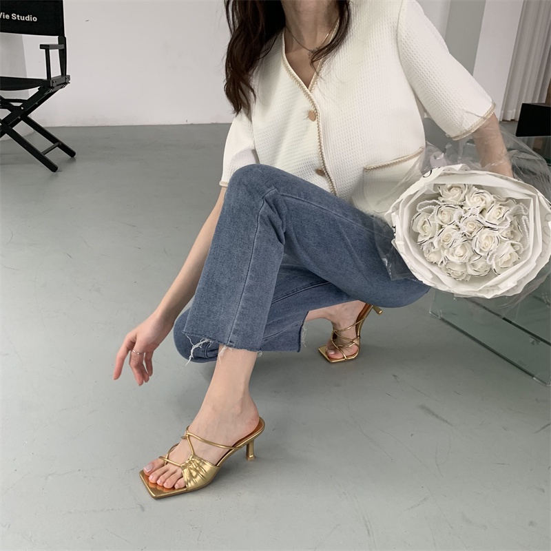 Giày cao gót phong cách Hàn Quốc thời trang mùa hè 2022 mũi vuông phối dây chéo mỏng dành cho nữ