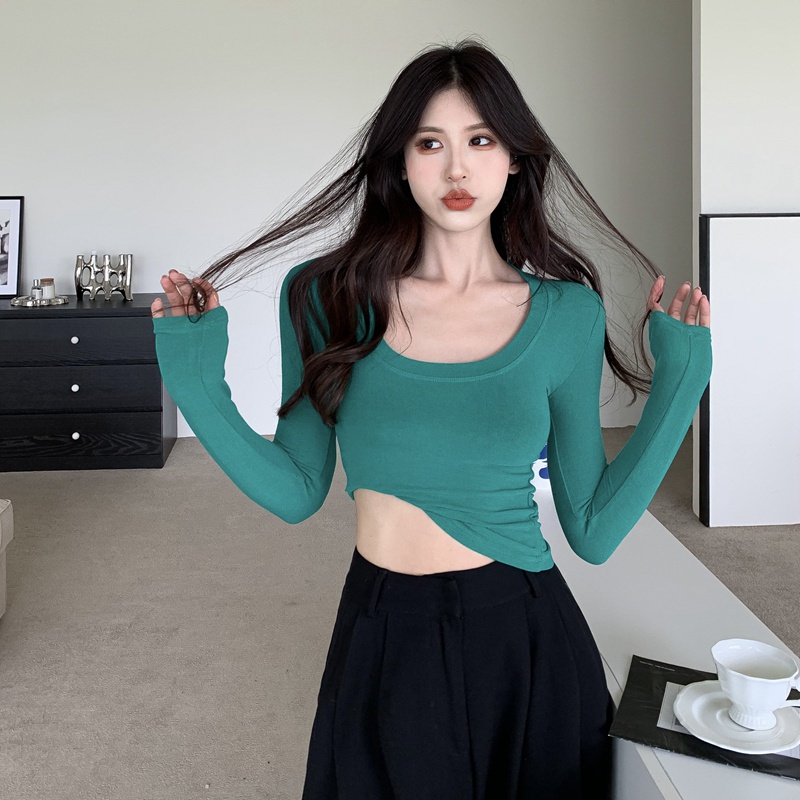 Áo thun QKOOLE tay dài cổ chữ U phong cách Hàn Quốc thời trang cho nữ