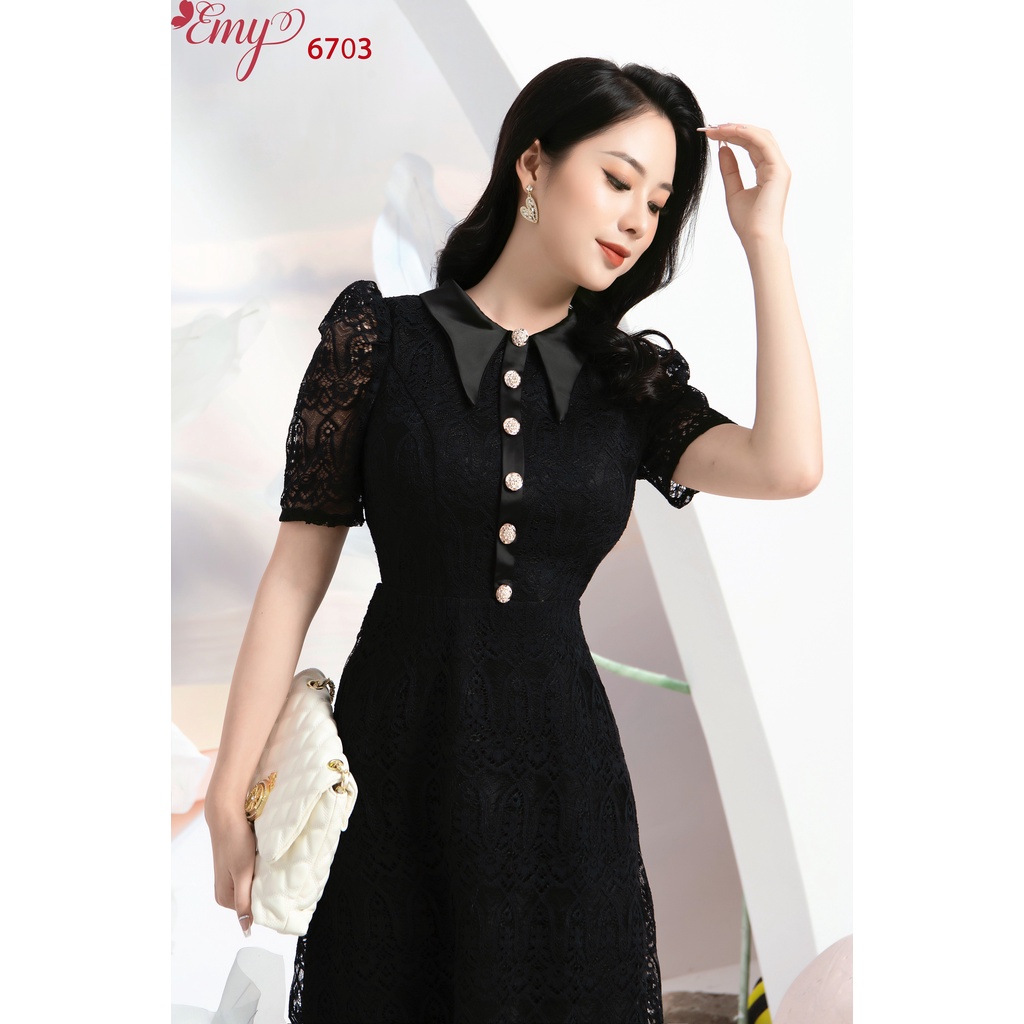 Đầm EMY EM6703 Ren Lá Cổ Bẻ Kết Nút
