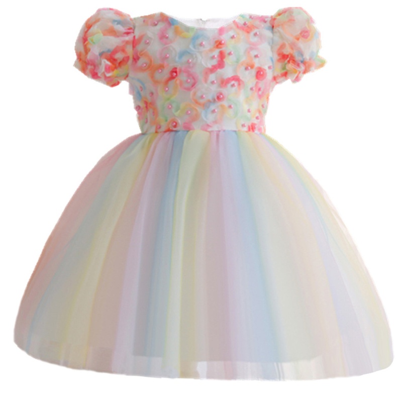 Đầm Công Chúa Vải Tuyn Tay Phồng Đính Hạt Và Hoa 3D Cho Bé Gái