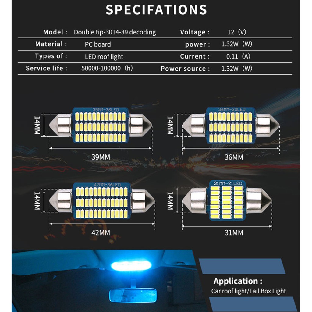 LED trần ô tô gắn nóc xe C5W full size 31mm, 36mm, 39mm, 41mm chip 3014 nhiều màu lựa chọn