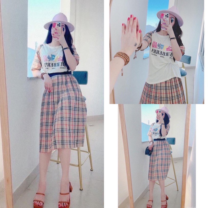 Set áo thun cotton chân váy dập ly bbr, Set váy nữ dập ly cao cấp