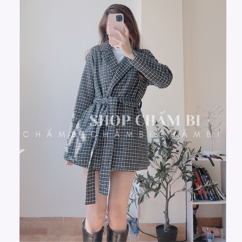 Áo khoác kiểu nữ A.274, Áo khoác dạ kẻ caro cổ vest 2 màu thắt đai eo tiểu thư