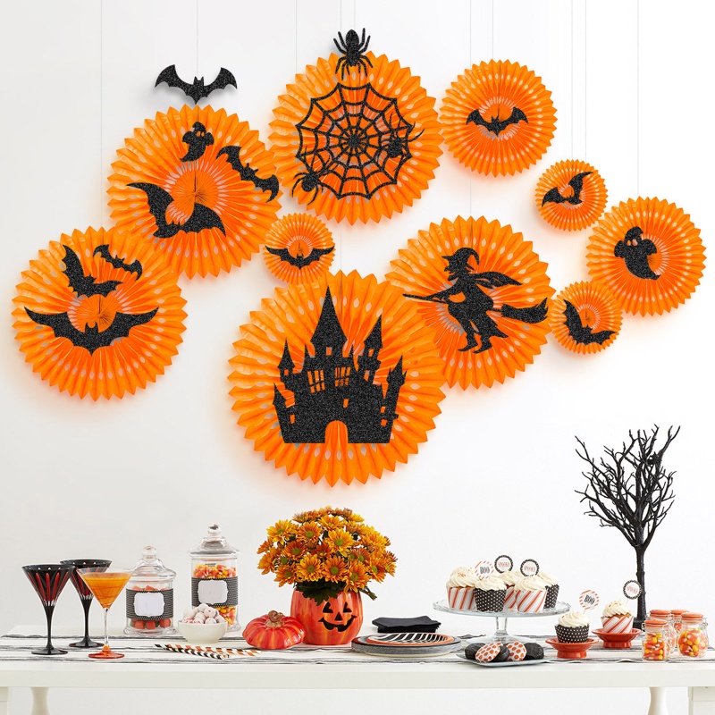 Set 28 Lồng Đèn Giấy Hình Quạt Giấy Trang Trí Halloween