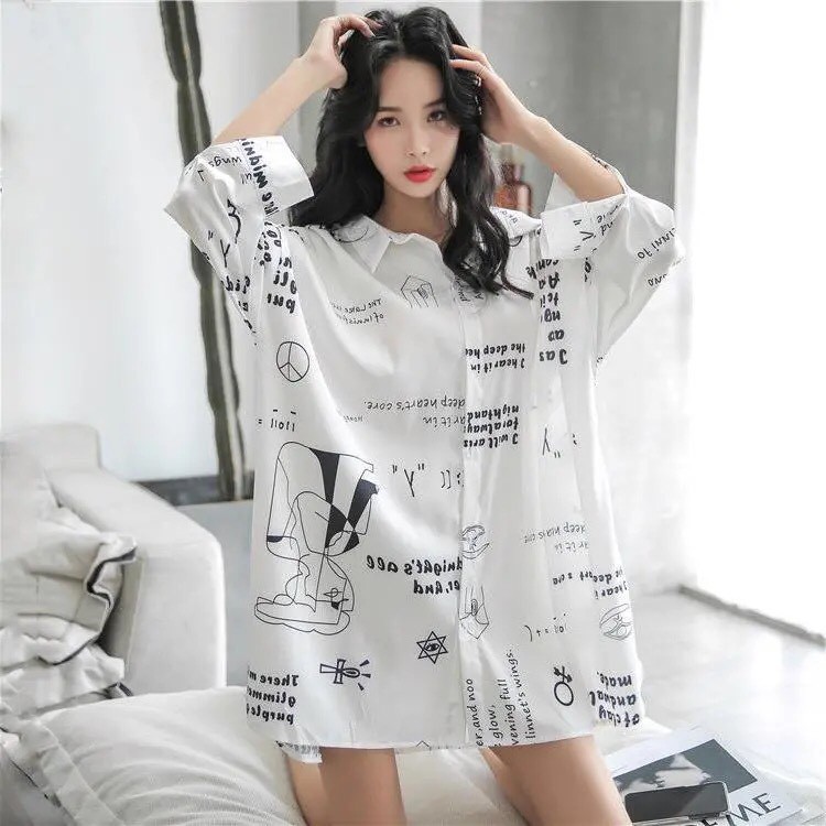 Váy Đầm Ngủ Sơ Mi Trắng, Đầm Sơ Mi Rộng Oversize