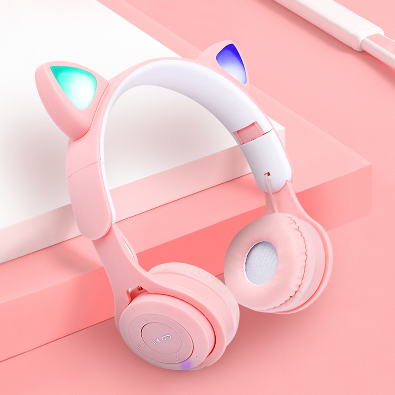 Tai nghe bluetooth chụp tai cute dễ thương Y08, Headphone có đèn led 7 màu nhấp nháy, Tai mèo có thể tắt đèn