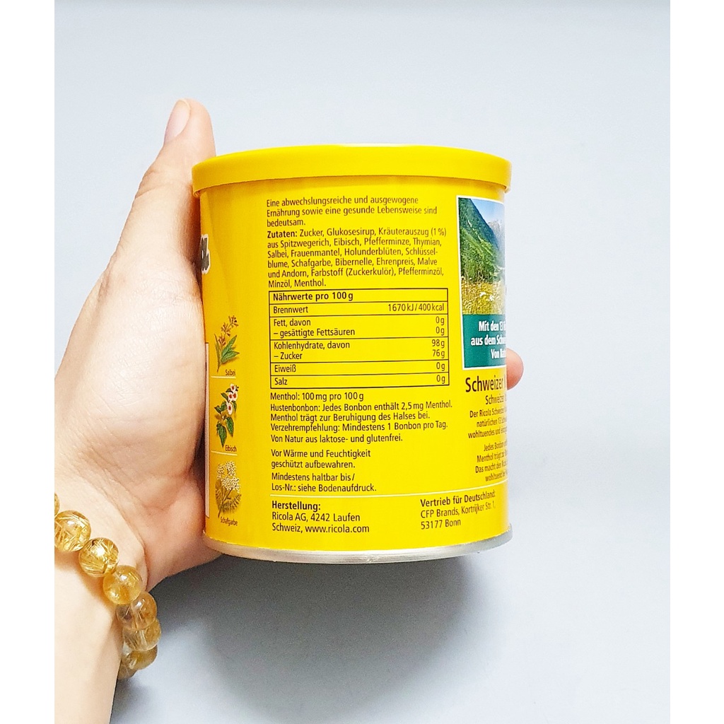 Kẹo Thảo Mộc (ngậm) giảm Ho Ricola hộp 250g của Đức (hương vị thảo mộc tự nhiên)