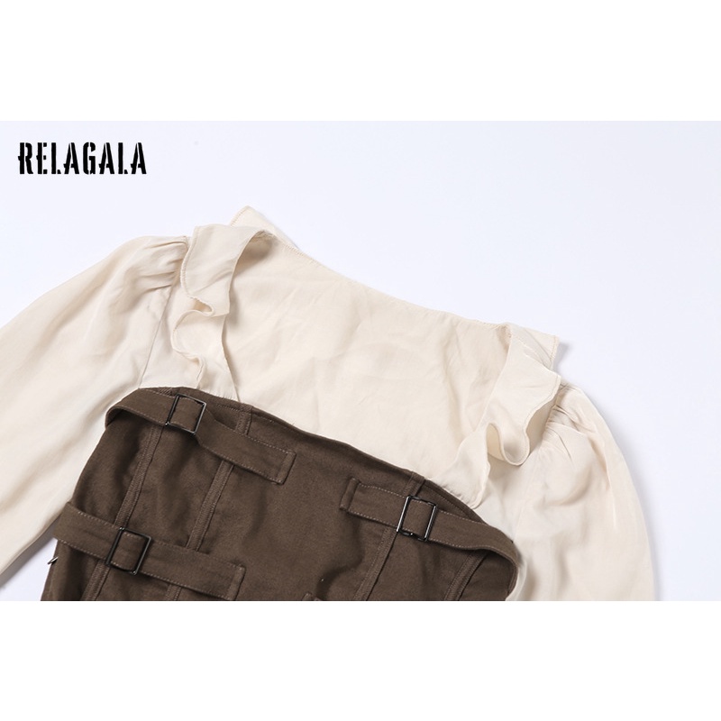 Đầm Relagala tay dài xếp nếp lưng cao ôm dáng màu trơn thời trang cho nữ