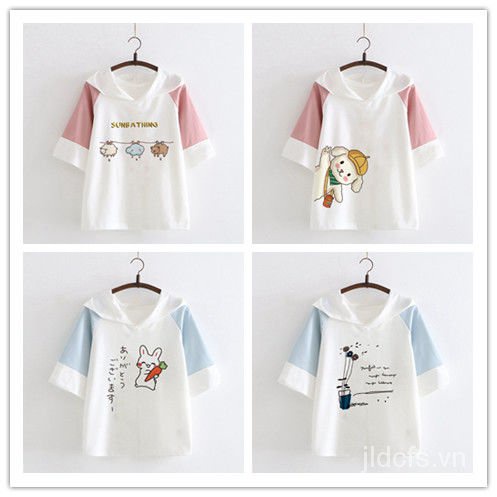 Áo Hoodie Tay Ngắn Chất Liệu Cotton Mềm Mại In Họa Tiết Hoạt Hình Nhật Bản Thời Trang Mùa Hè Cho Nữ